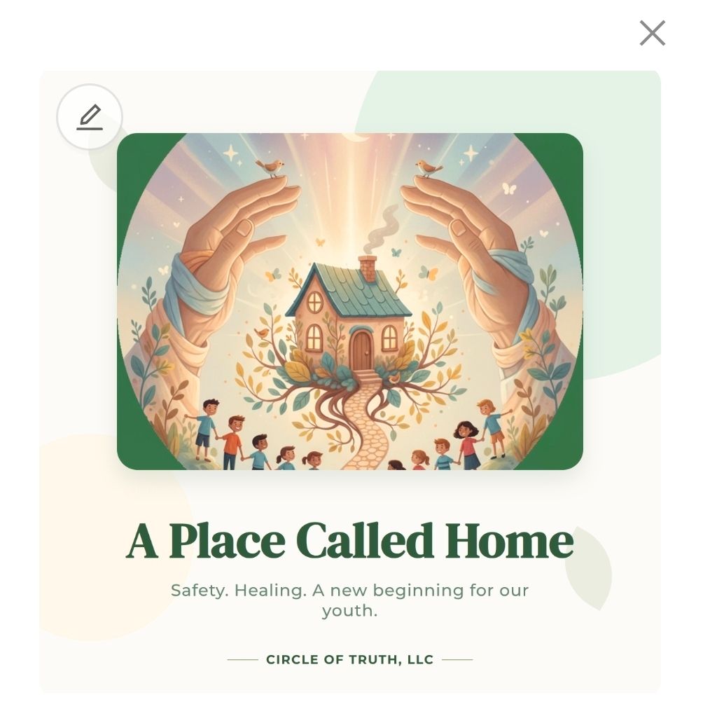 Illustration of a home held by two caring hands, with young people gathered along a path
